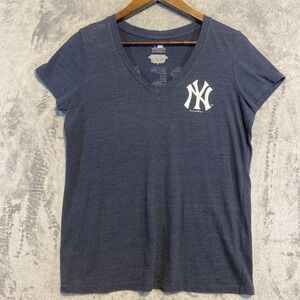 New York Yankees Shirt Women Sz L Blue V Neck Logo Double‎ Sided MLB Fan Cheer